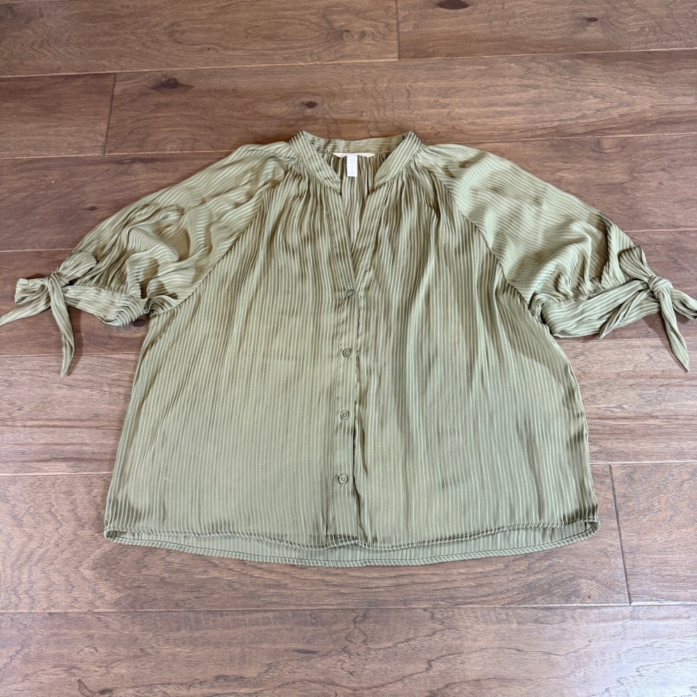 H M Olive Green Pleated V Neck Tie Sleeve Blouse Top Women US 10‎ EUR 42